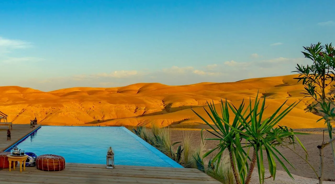 Sunset camel ride and desert camp in the Agafay Desert