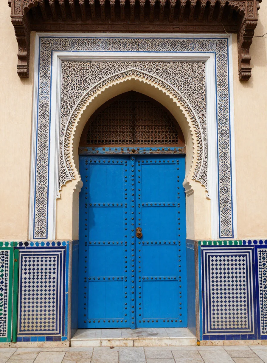 Ornate carved door in the medina of Fes, Morocco